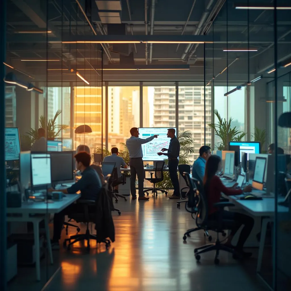 Escritório moderno da AçõesBR Invest com equipe colaborando